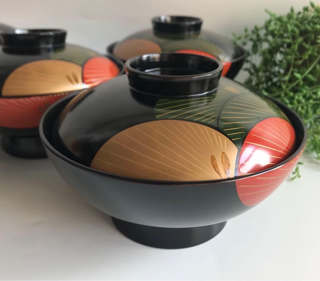 能登輪島塗 漆塗り　松蒔絵 木製　蓋付椀 煮物椀　5客セット　共箱