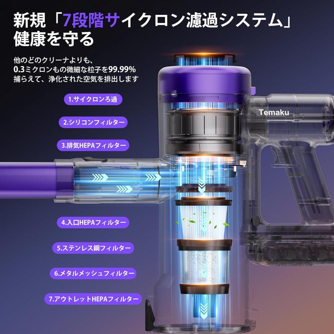 掃除機 コードレス90KPa超強力吸引・65分連続稼働・自立式・低騒音