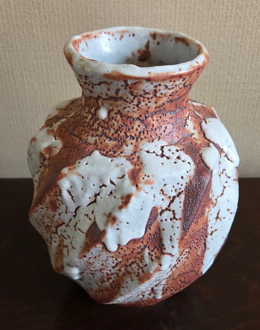 竹林窯 小林武春 志野焼 花入 赤志野 共箱 栞 花瓶