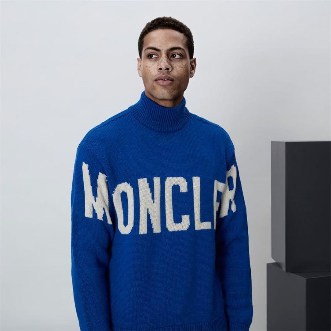 モンクレール モックネック ニット ロゴ 青 XL セーター MAGLIONE