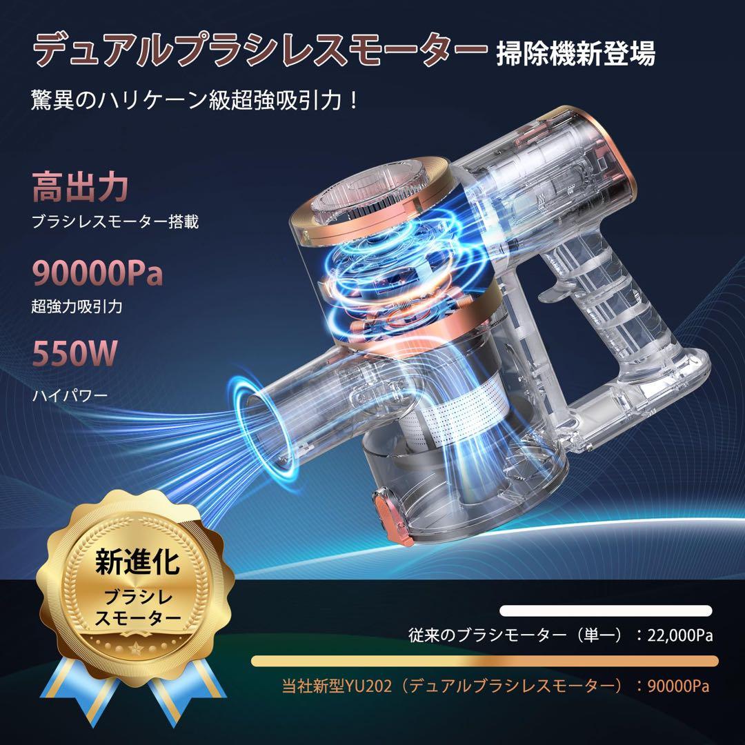 掃除機 コードレス90Kpa 超強力吸引 最軽量 2in1置くだけ充電スタンド