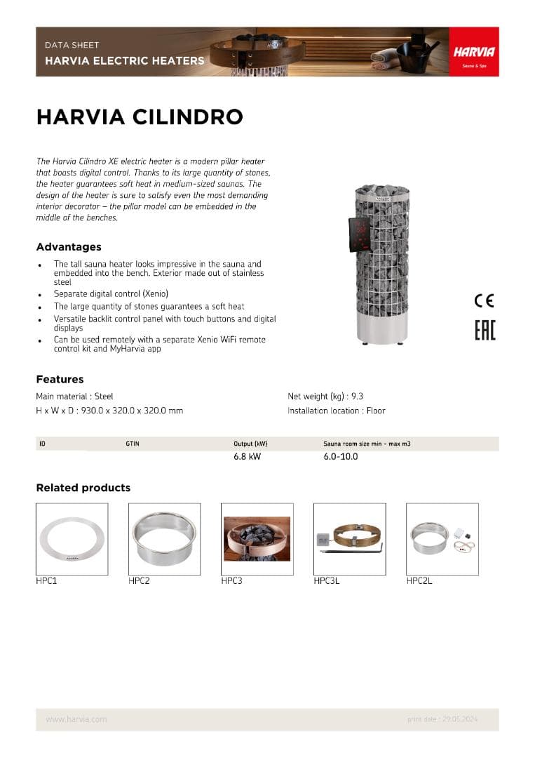 [電源２ｍ付]HARVIA CILINDRO PC70　200V 6.8KW