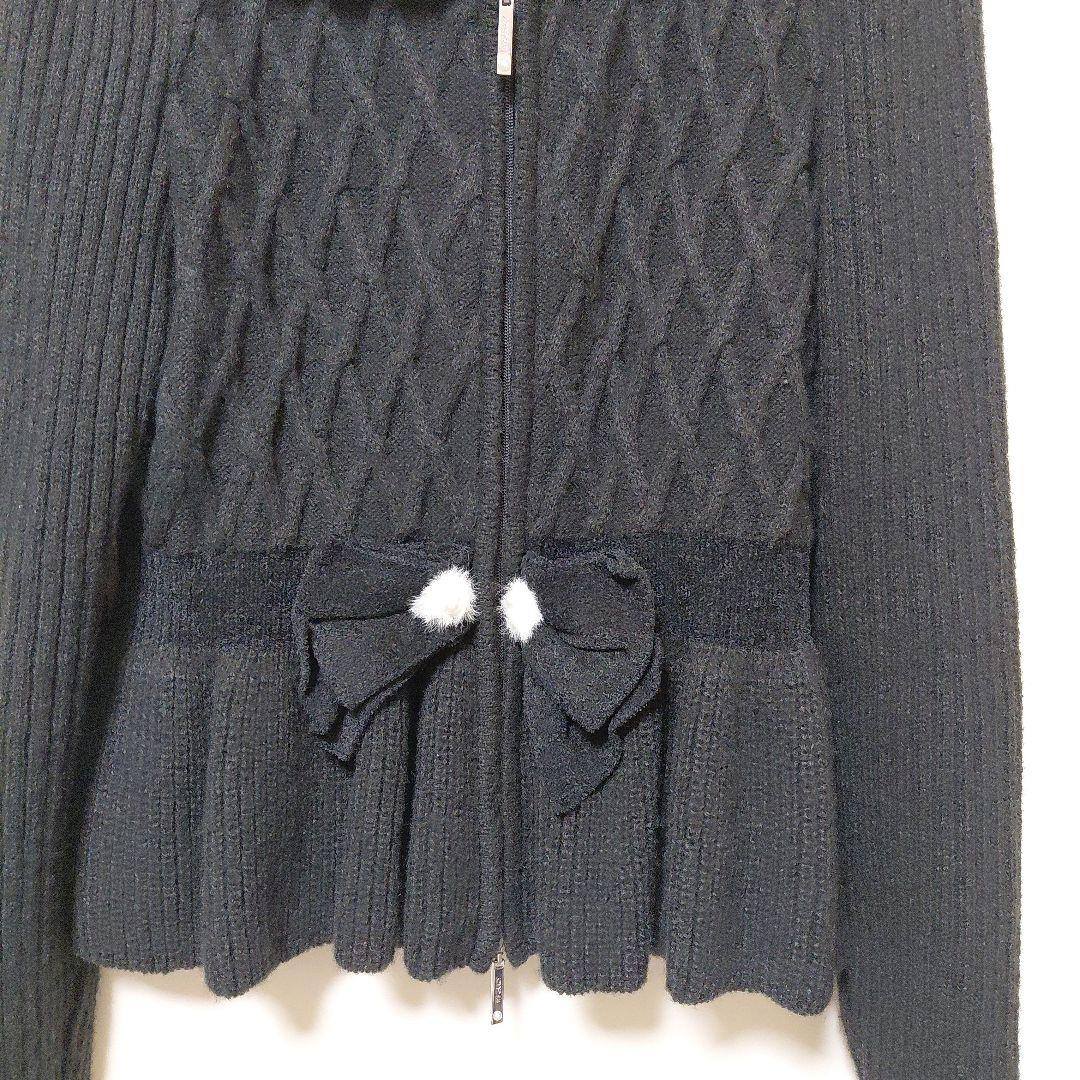 M's Gracy ジッパーリボン付きブラックカーディガン40