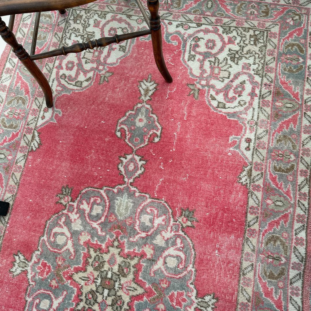 トルコヴィンテージラグ A65 コーラル レッド ネイビー ブルーグレー