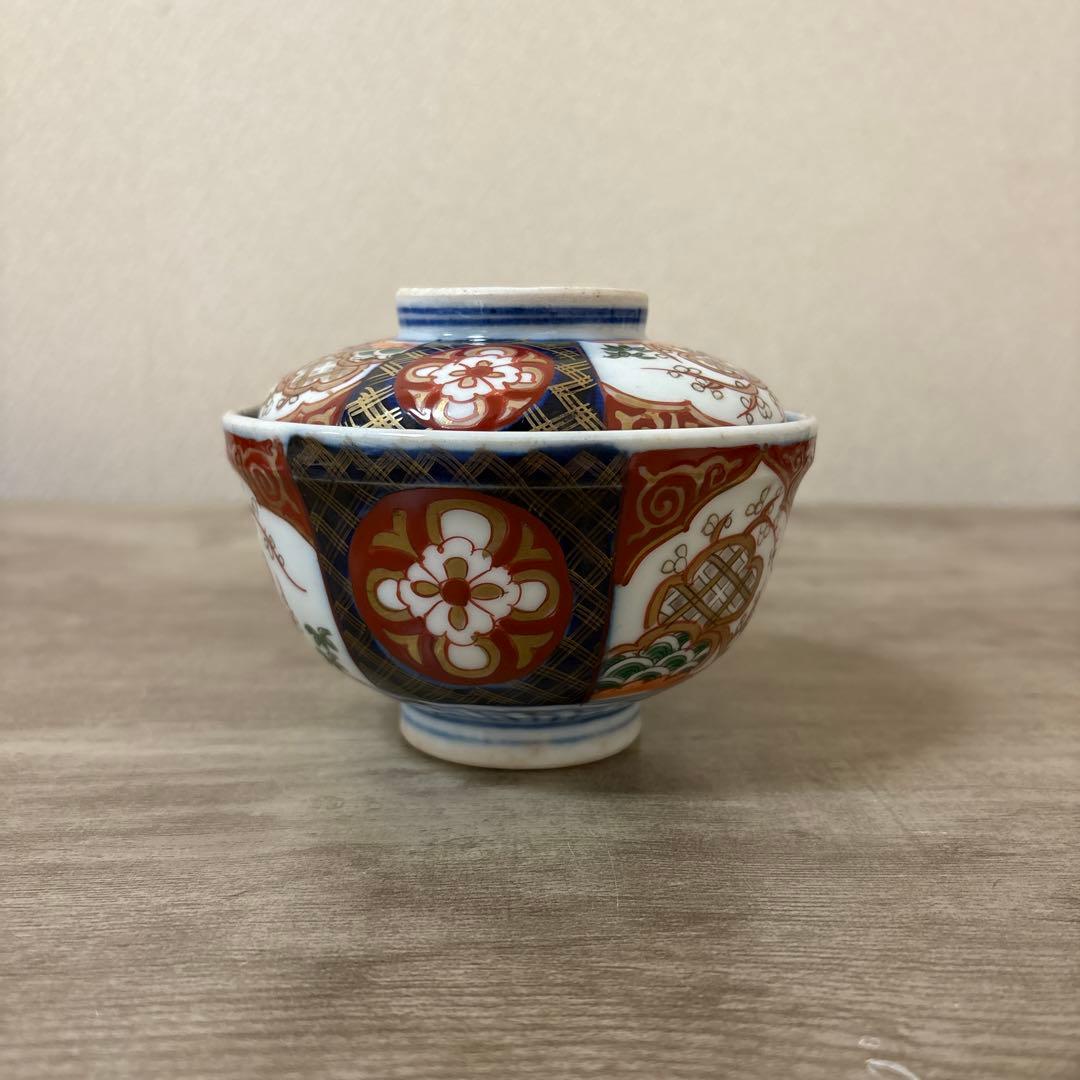 古伊万里　色絵染付間取　金襴手　丼　5客　蓋付碗　アンティーク　骨董　明治〜大正