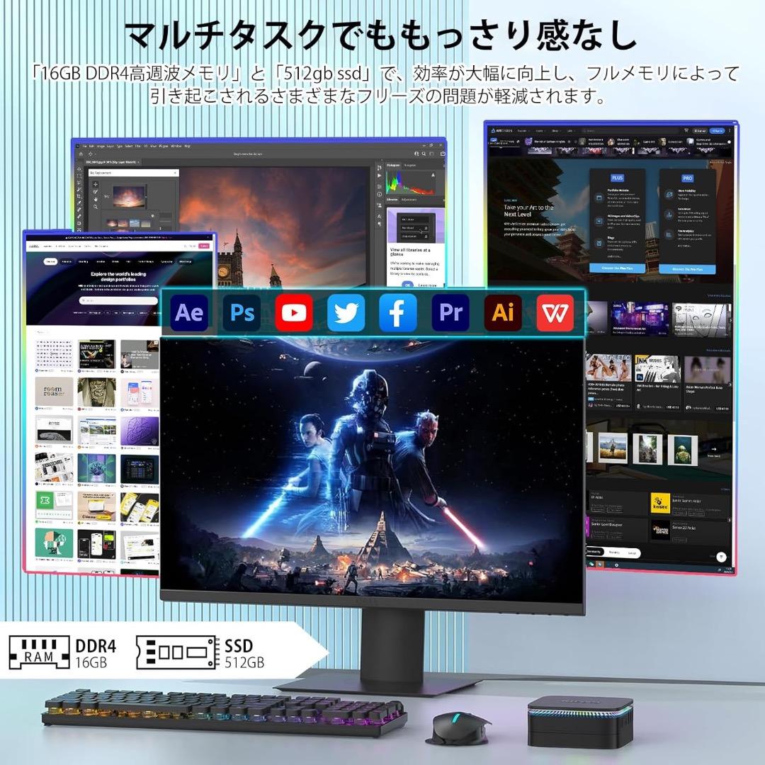ミニpc n100 mini pc 16GB DDR4 512GB