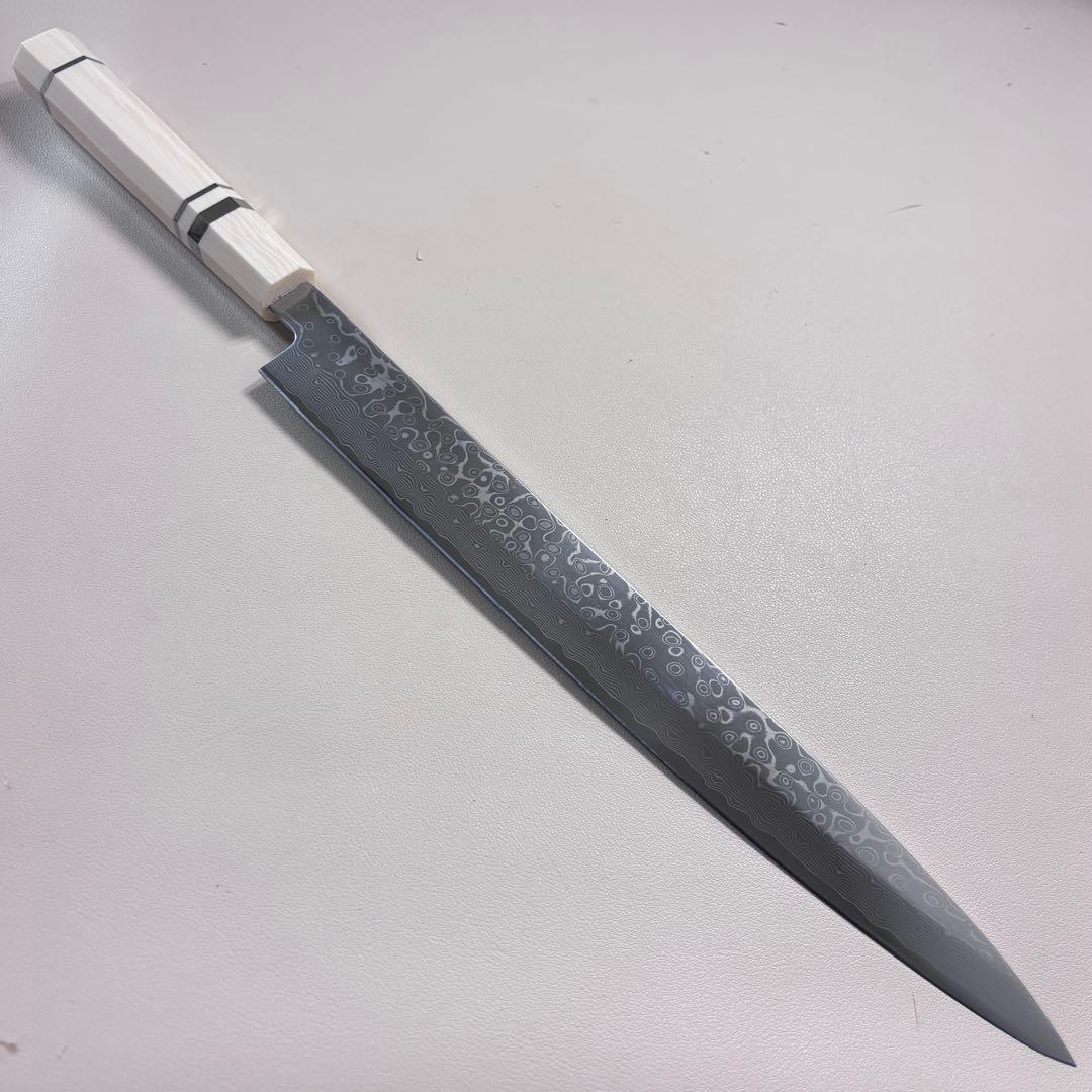 尺300mm 柳刃包丁 墨流しダマスカス　人工象牙八角柄 和包丁 白'ᘲ