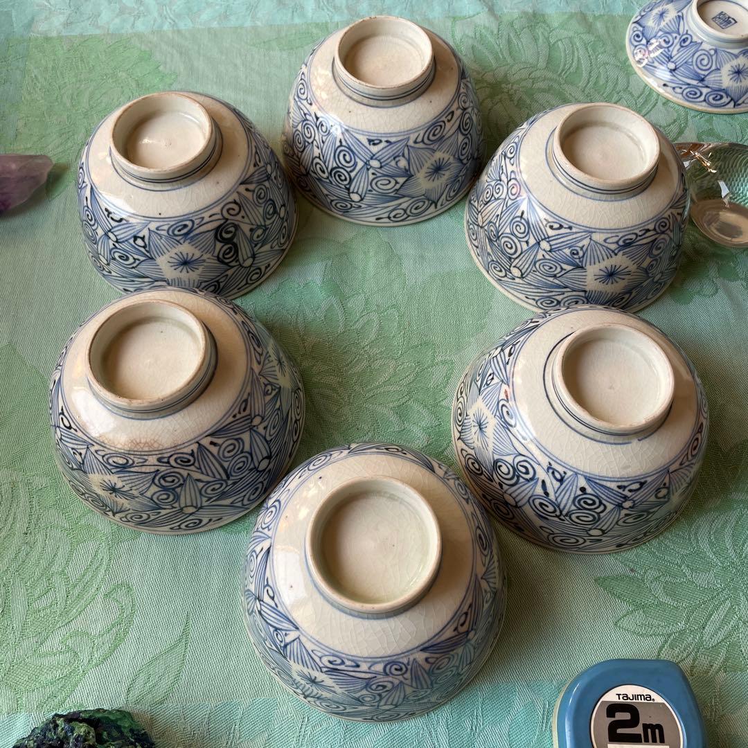 古伊万里　花弁紋　唐草　蓋付きご飯茶碗 6客
