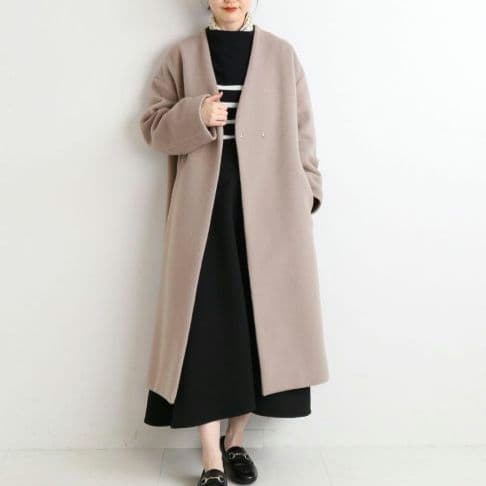 イエナ×高級マンテコ ノーカラーオーバーコート ロング グレージュ 38