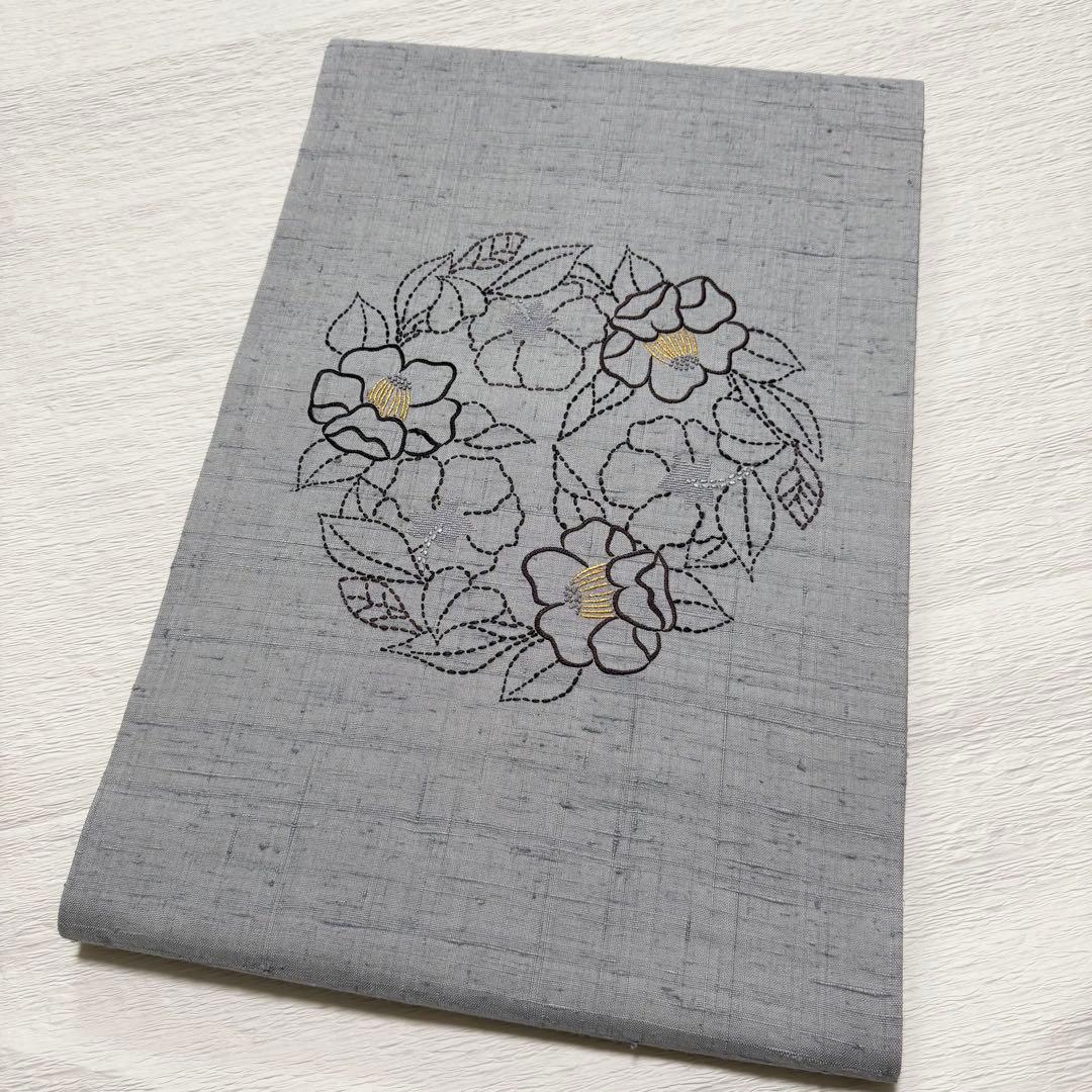 m-109 刺し子 刺繍　紬　花 名古屋帯 正絹