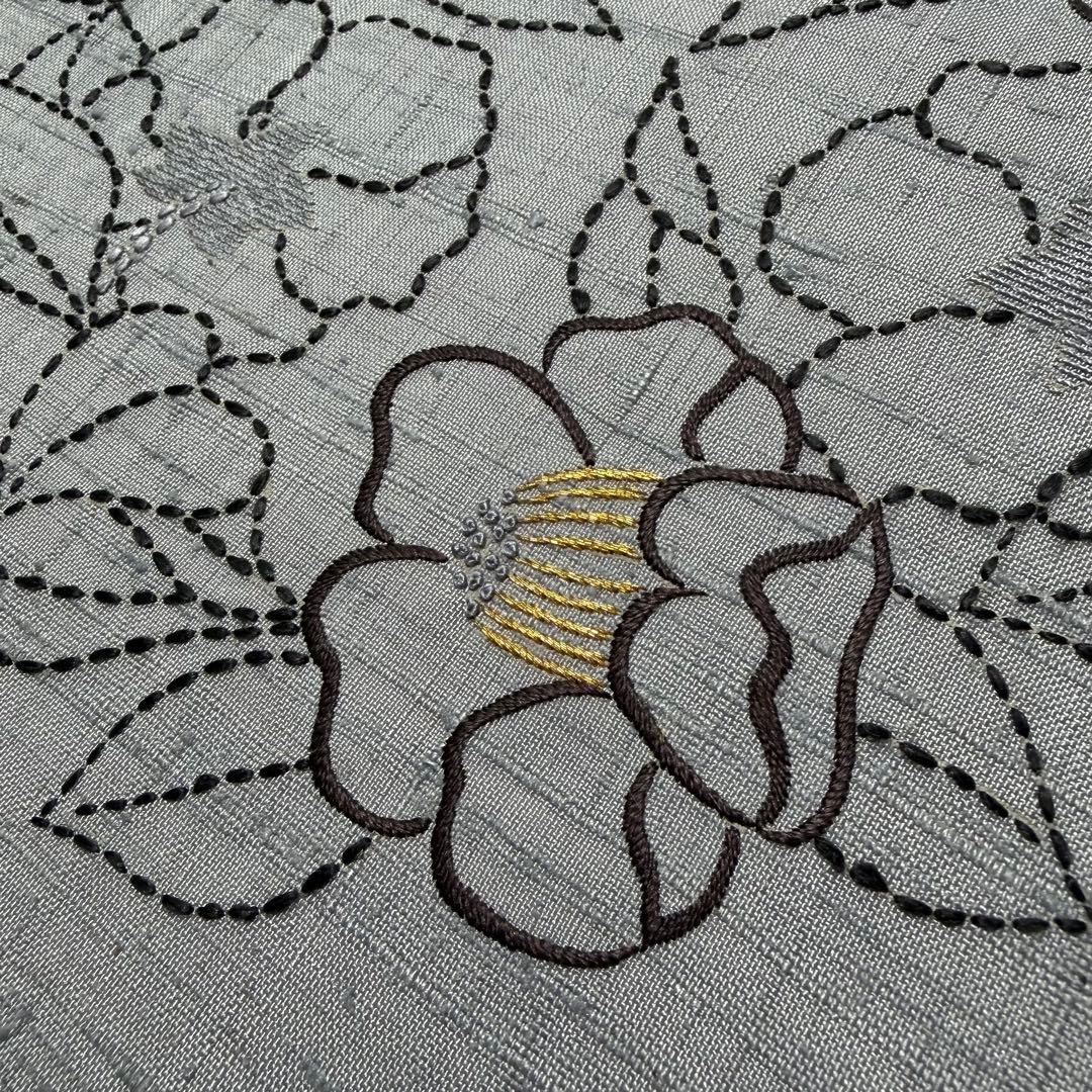 m-109 刺し子 刺繍　紬　花 名古屋帯 正絹