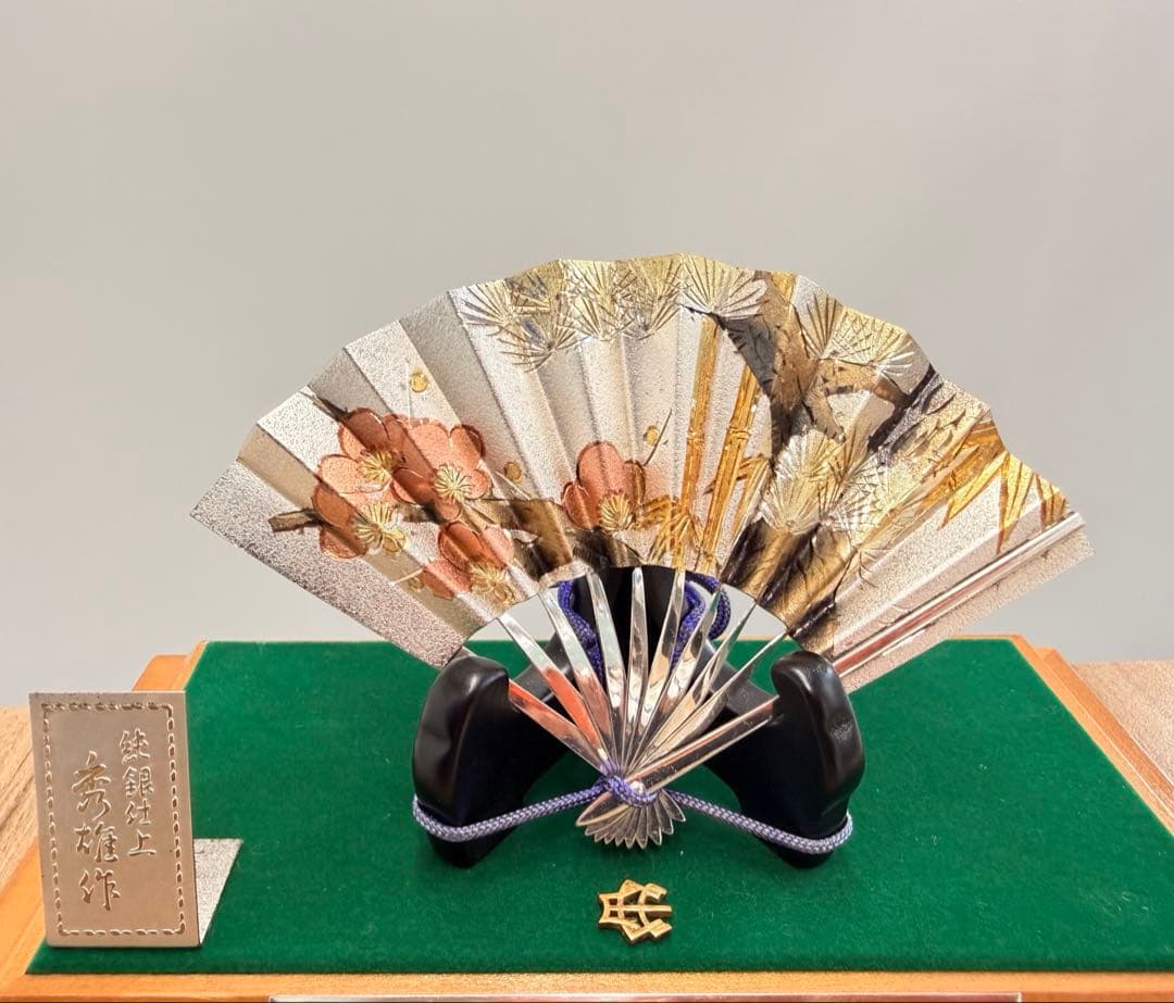 美品！ 秀雄作 松竹梅 純銀仕上げ 置物 工芸品 扇 5号