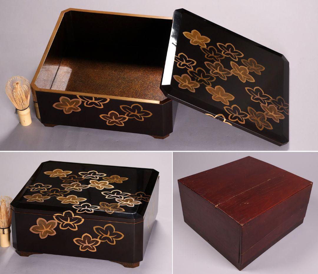MA523 時代木製漆器 花ちらし金蒔絵 梨地 饅羹重 饅頭箱 菓子重 菓子器