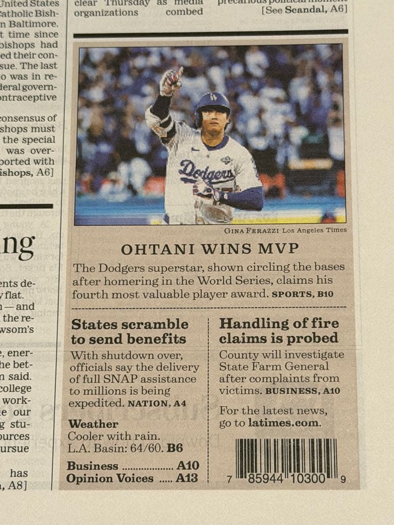 ドジャース 大谷翔平 『MVP記念号』 3年連続受賞で歴代単独2位となる4度目‼︎