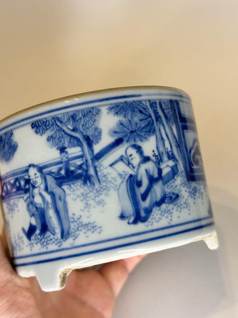 明代 人物染付 香炉 中国古陶磁 骨董品 香道具