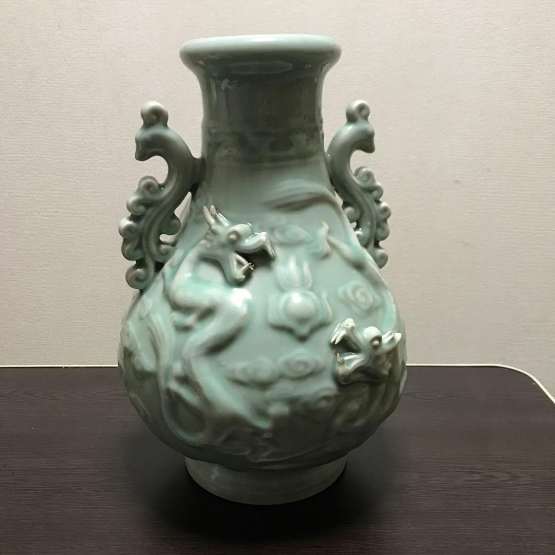 特大　中国花瓶　古美術　青瓷 陽刻龍紋　中国龍泉　龍泉窯 花瓶 美術品 骨董品