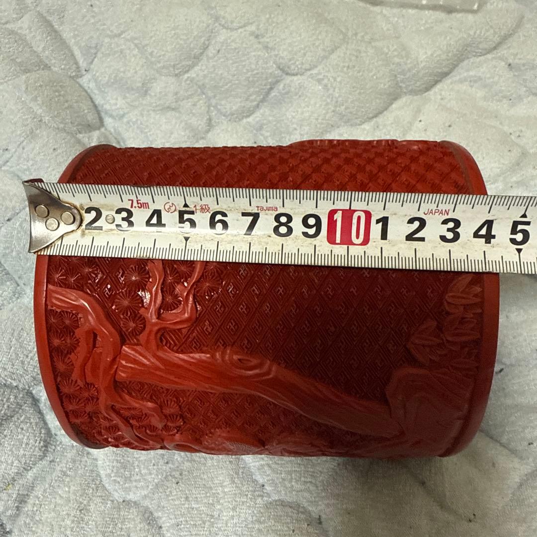 中国美術堆朱彫刻鶴図木製筆立本物保証古唐物／彫漆／堆朱／花紋／煎茶道具／書道具