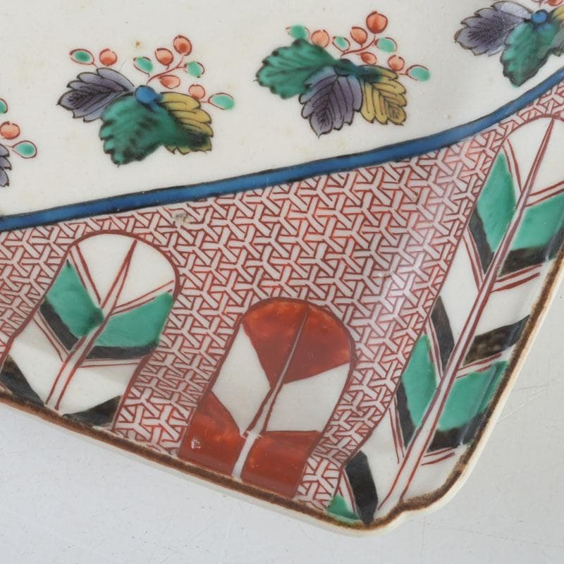 九谷焼　古九谷　角福銘　色絵花草文　四方皿　時代箱　C　9248