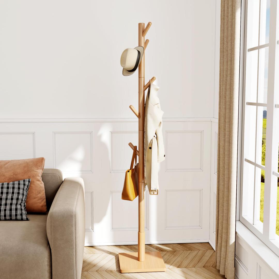 ☆木製ポールハンガーハンガーラック 落ちにくい 倒れにくい 調節可能