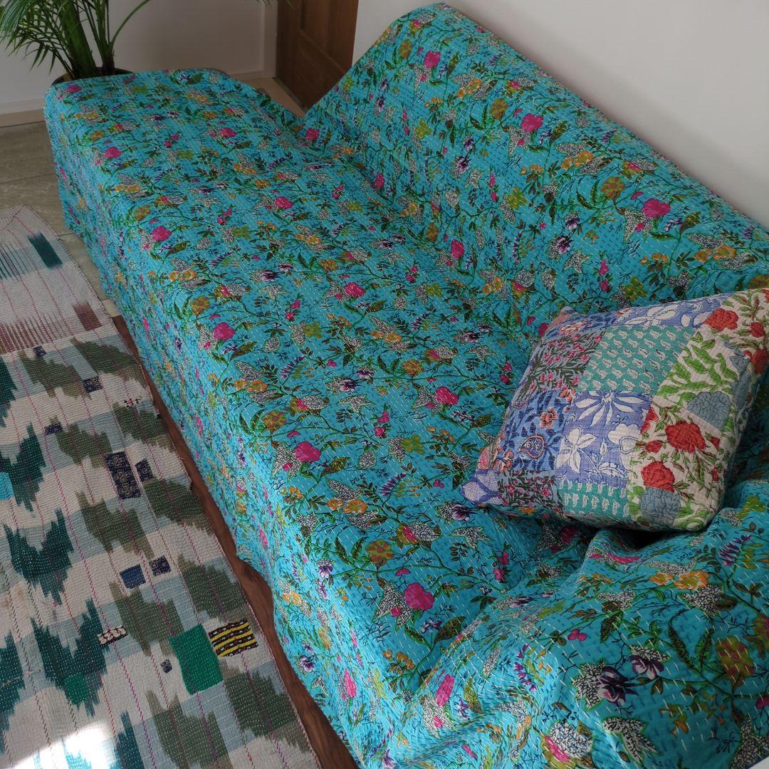 150❁︎ボタニカル 手作り カンタキルト マルチカバー 花 ターコイズ
