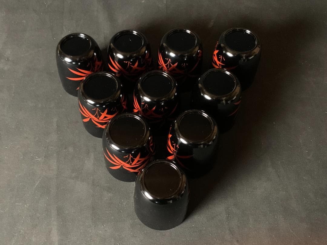 輪島塗 塩安製 朱竹文 天然木 黒塗 箸洗 小吸物椀 10客 共箱 茶懐石道具