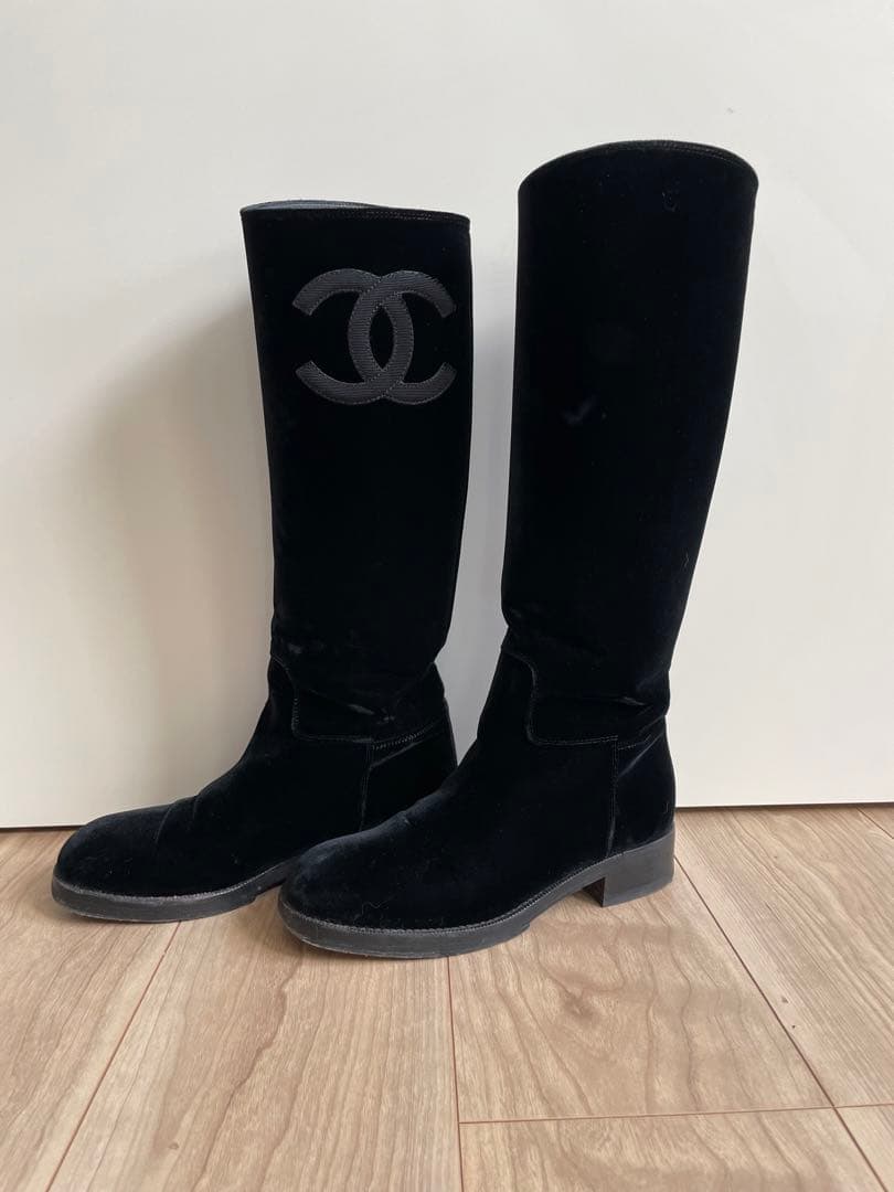 CHANEL ブラック ベルベット ロングブーツ　36