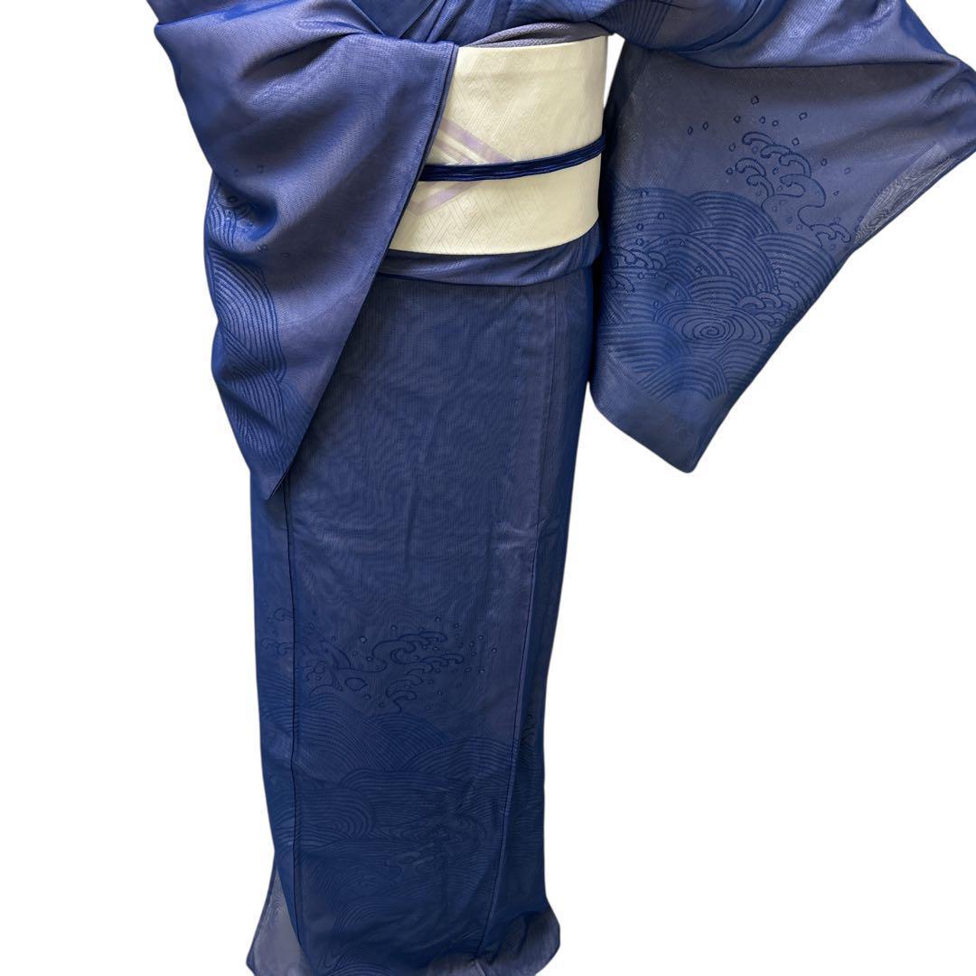 A69愛華 夏着物 二重紗　紺　波模様　刺繍　美品