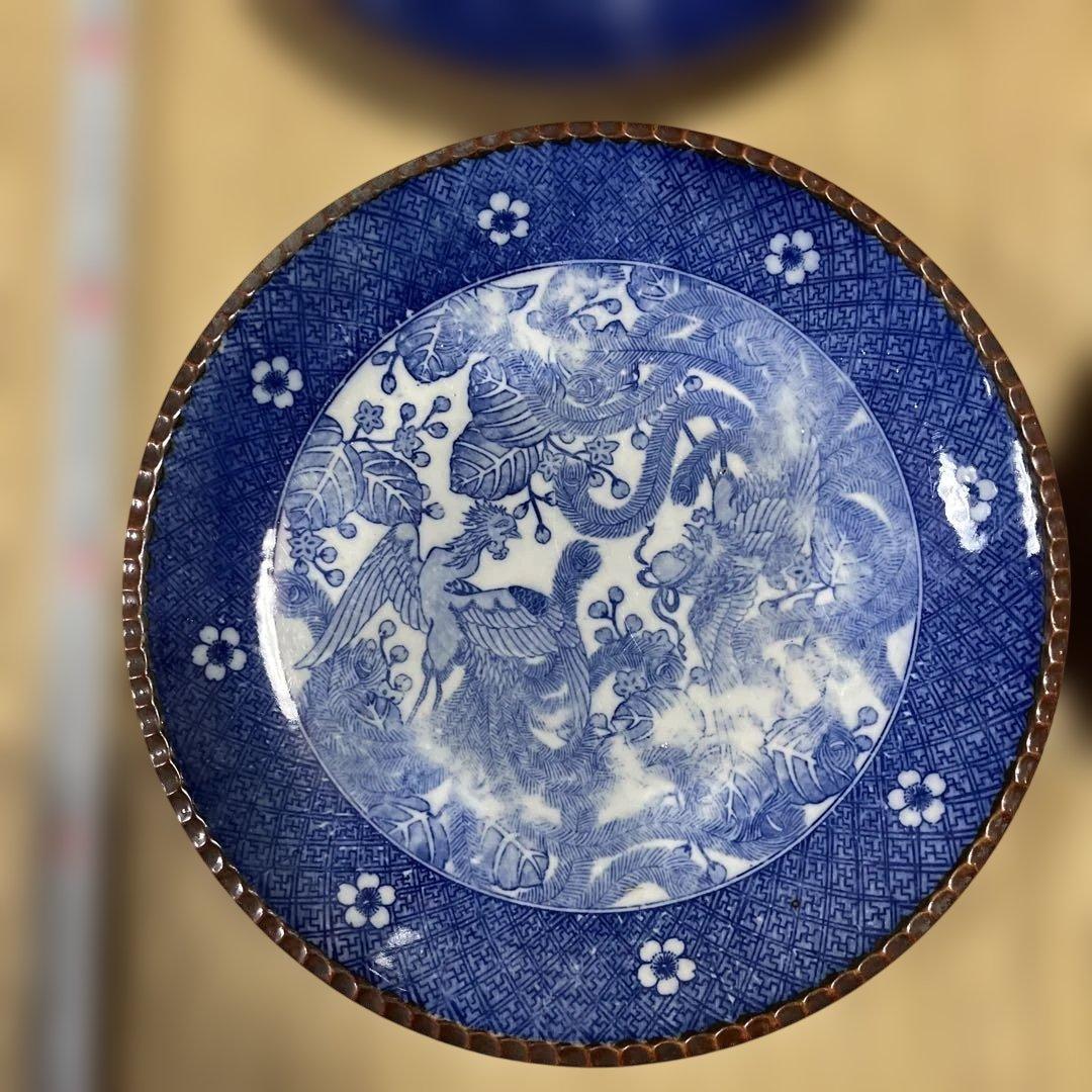 s233.伊万里染付印判、イゲ皿、青色の花と鳥模様の皿4枚セット寸法33センチ
