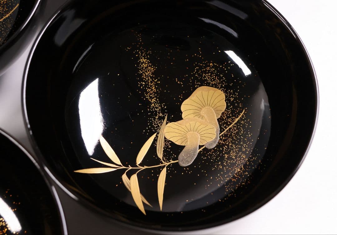 【CM412】天然木漆塗 加賀蒔絵 蓮と野菜金蒔絵 黒煮物椀 五客 漆器 昭和期