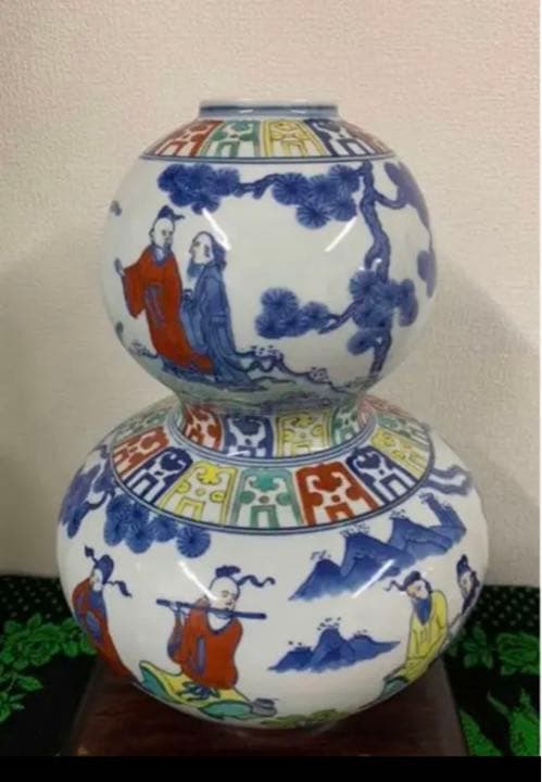 中国明五彩大明隆慶銘花卉人物文瓢箪瓶　骨董古美術アンティーク江戸青磁コレクション
