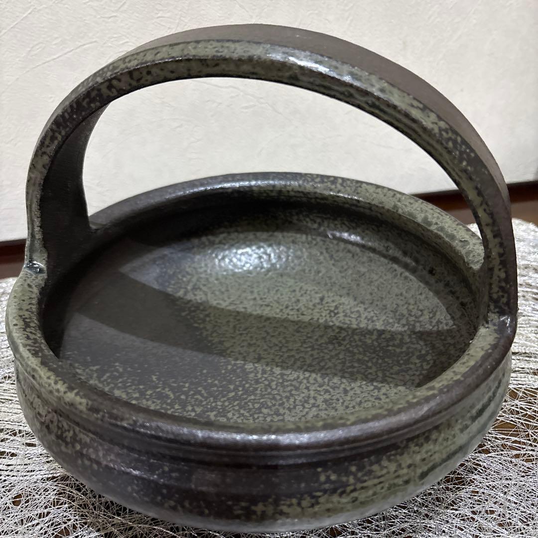作家手作り陶器持ち手付きダークグレー