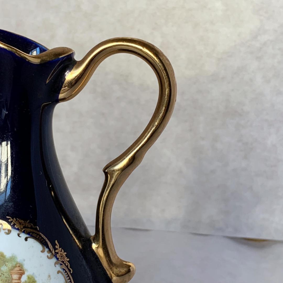 ヴィンテージ フランス リモージュ磁器 ブルー花瓶 ピッチャー、22K ゴールド