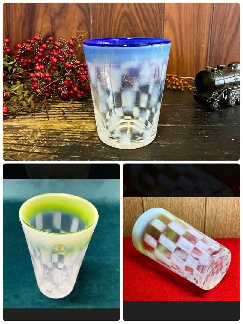 骨董　レトロ　希少　青フチ　乳白色　市松紋　ゴブレット　タンブラー パフェグラス