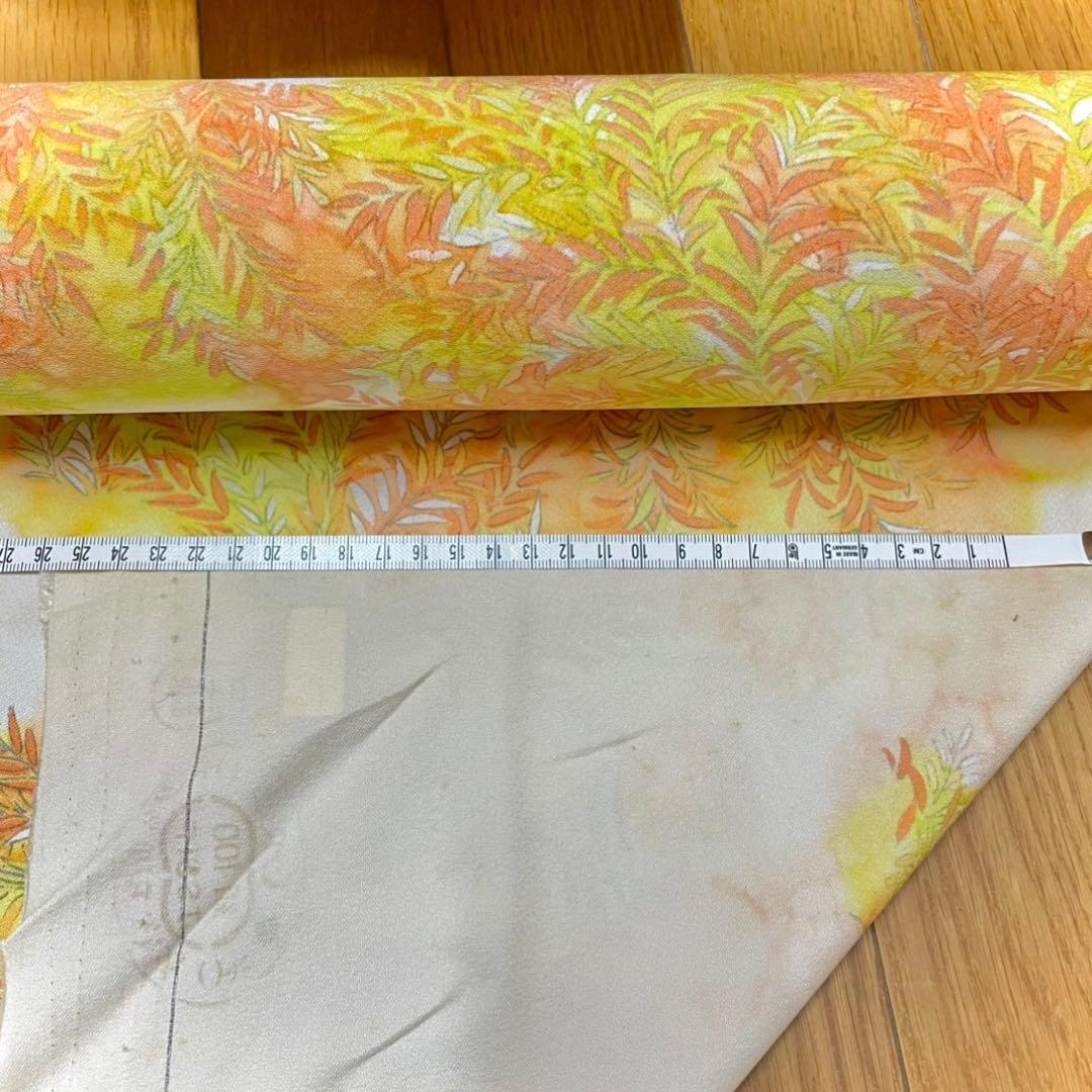 正絹　反物　黄色系　ベージュ　コシノアヤコ　プラチナ縫取り　招福竹　八掛地付
