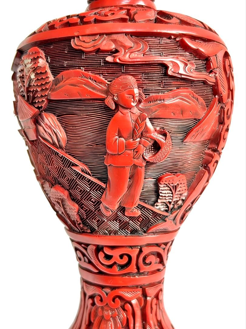 堆朱　中国美術　花瓶　文化大革命　骨董品　民俗　労働者　銅　時代物　民家蔵出し