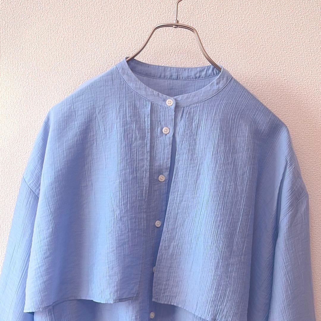 ✨定価2.2万円✨ビアズリー　レイヤードシャツ　バンドカラー　とろみ素材　ブルー